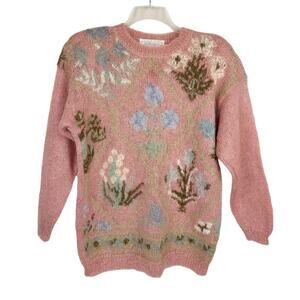 VTG Melbourne Elements Pink Floral Fuzzy‎ Knit Mohair Wool Sweater Women's Large